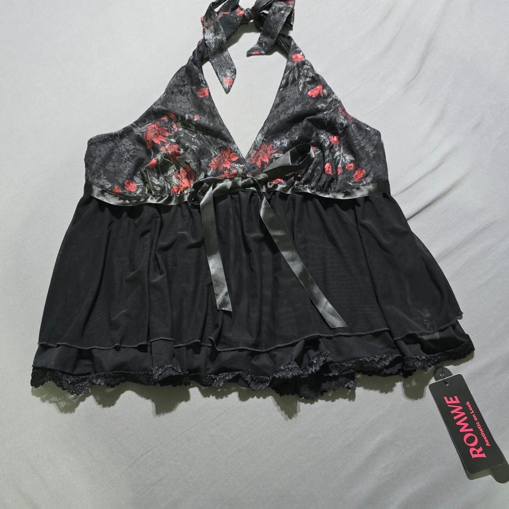New ROMWE Black Floral Lace Halter Babydoll Top 2XL Whimsigoth blouse Grunge